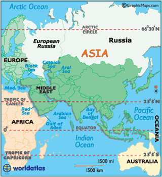 locator map of russia and a comparative placement of asia
