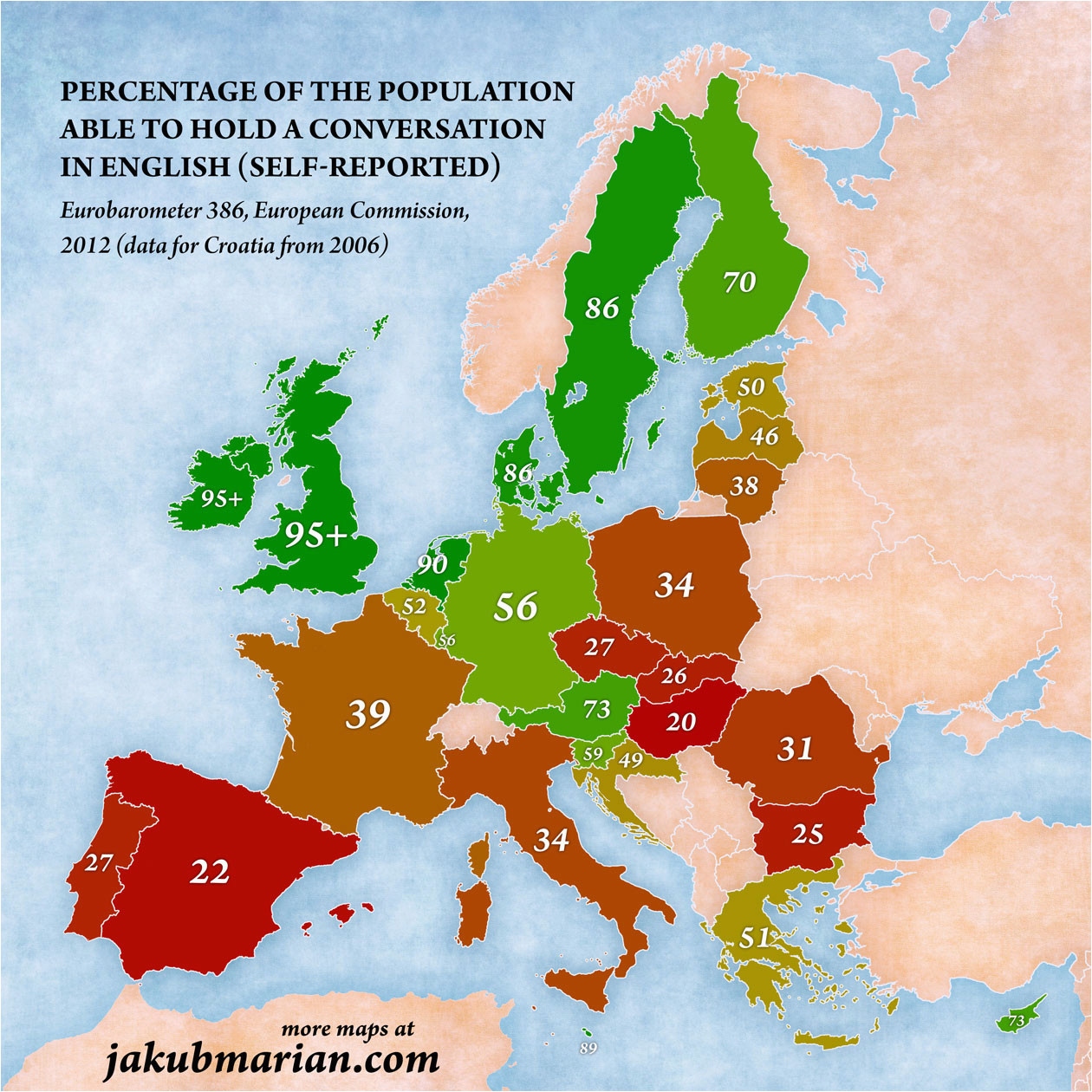 map of the percentage of people speaking english in the eu
