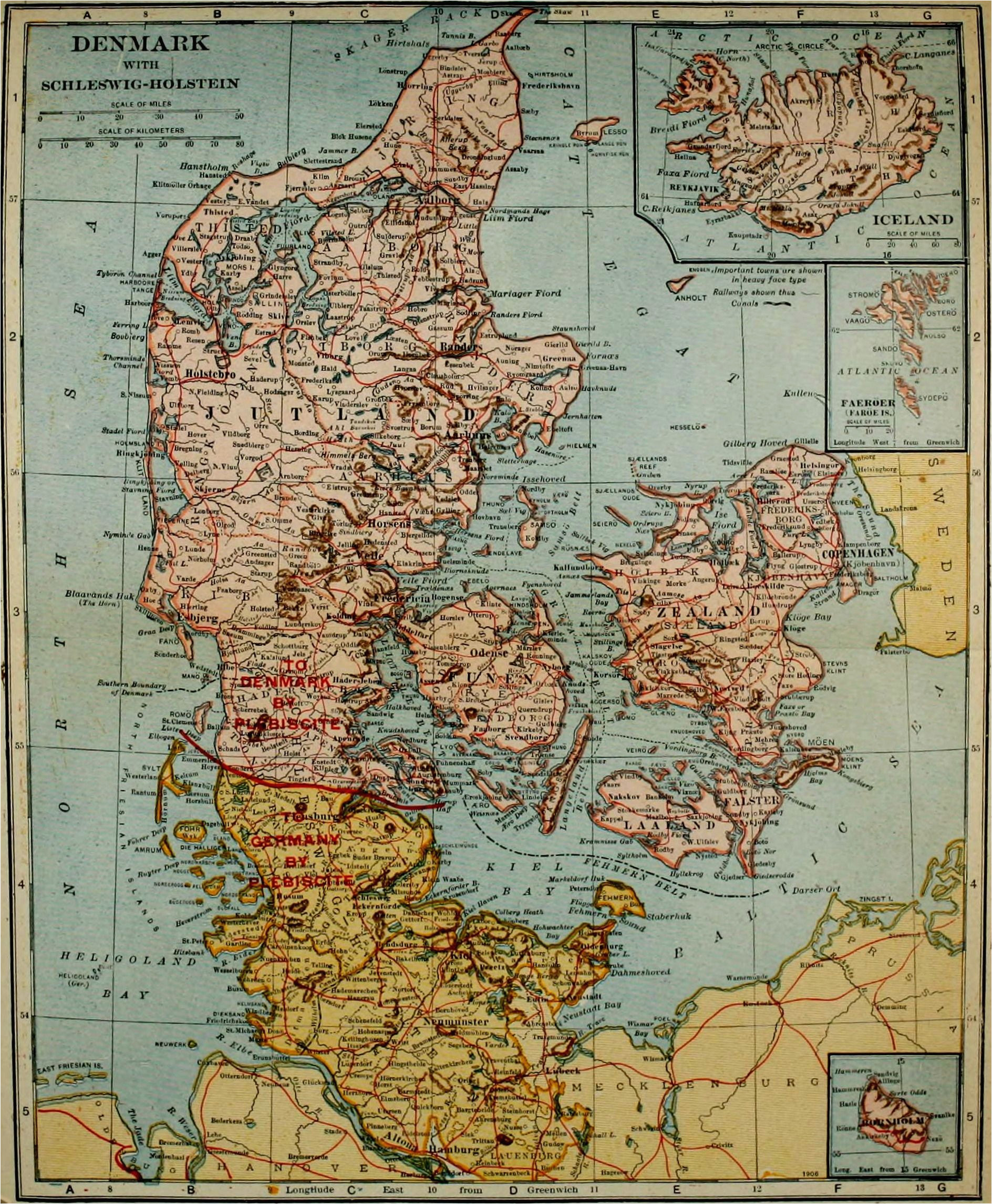 1921 map of denmark with insets of iceland faroe islands