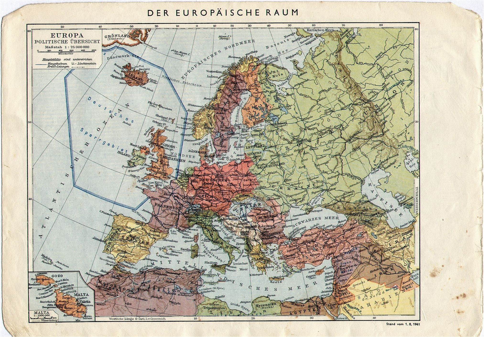 1941 german map of europe with a forbidden zone around uk