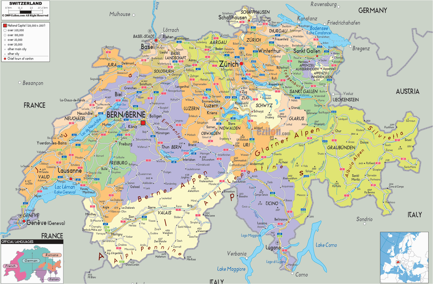 Map Of Switzerland In Europe Switzerland Political Map Switzerland Map Of Switzerland