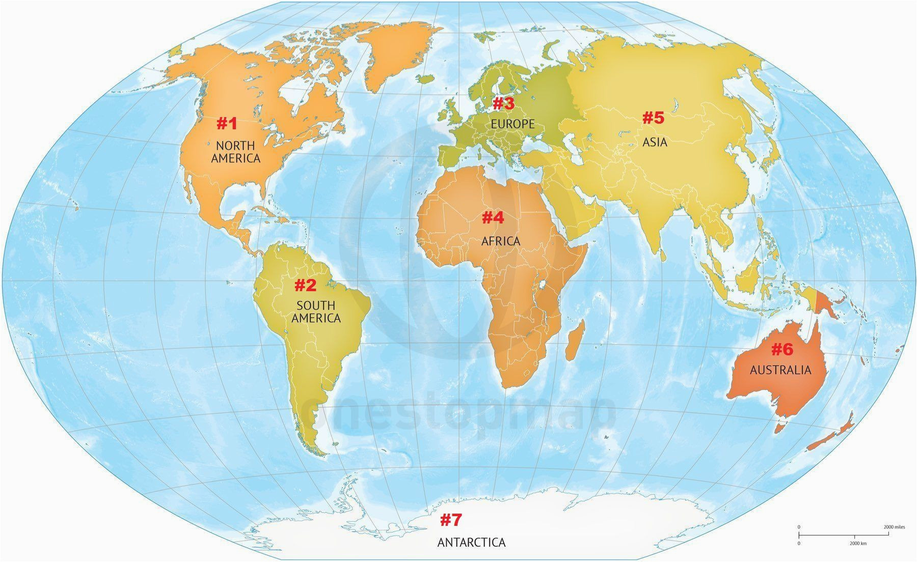 the continents of the world numbered and on a map of planet