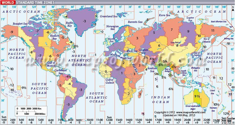 world timezone map displays the standard time zones around