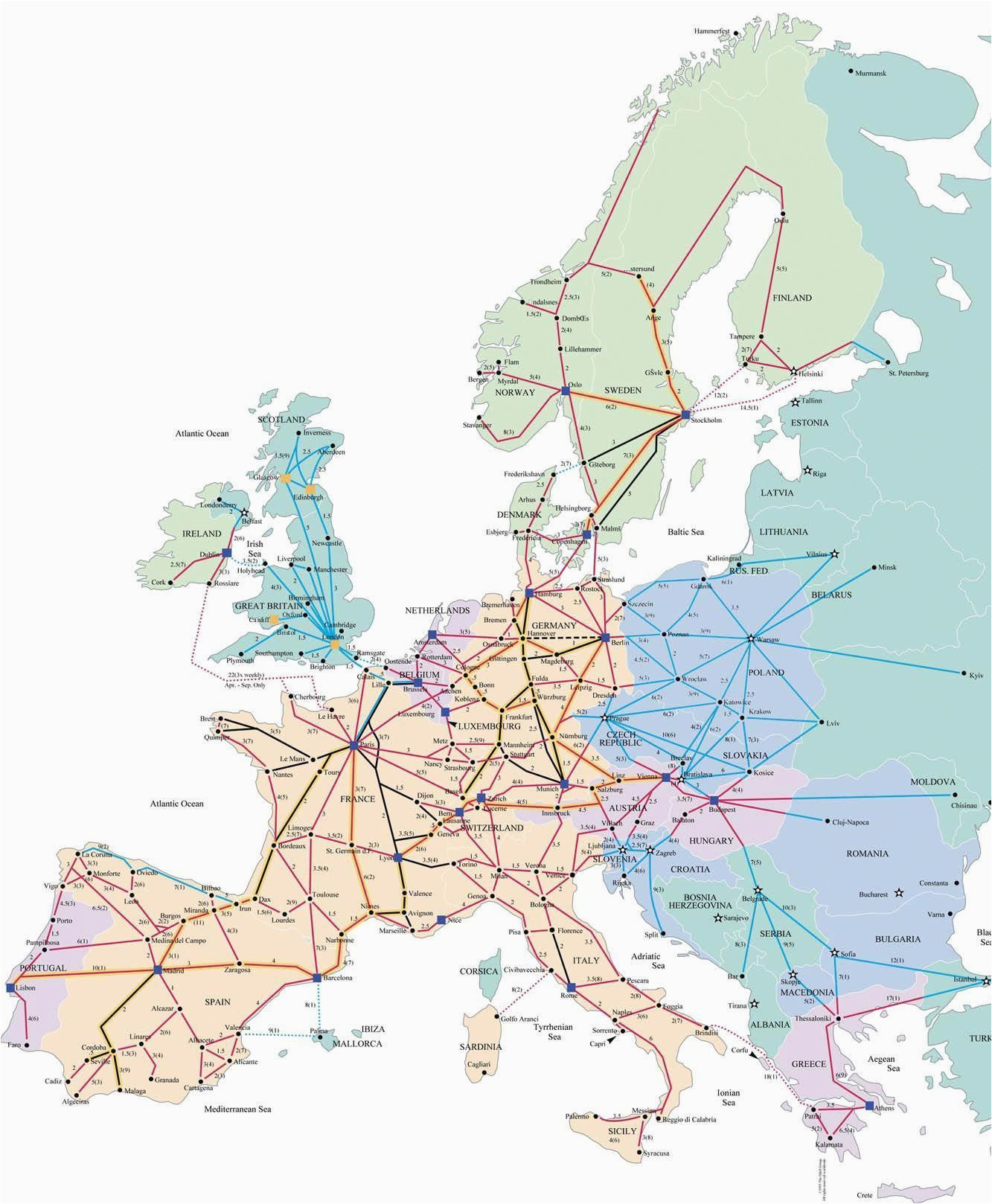 train map for europe rail traveled in 1989 with my ill