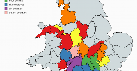 Map Of the England Counties Historic Counties Of England Wales by Number Of Exclaves Prior to